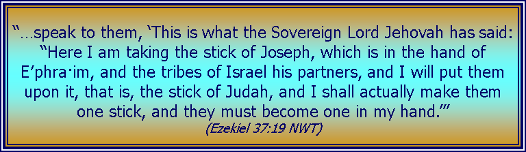 Text Box: “…speak to them, ‘This is what the Sovereign Lord Jehovah has said: “Here I am taking the stick of Joseph, which is in the hand of
E′phra·im, and the tribes of Israel his partners, and I will put them upon it, that is, the stick of Judah, and I shall actually make them one stick, and they must become one in my hand.”’
(Ezekiel 37:19 NWT)